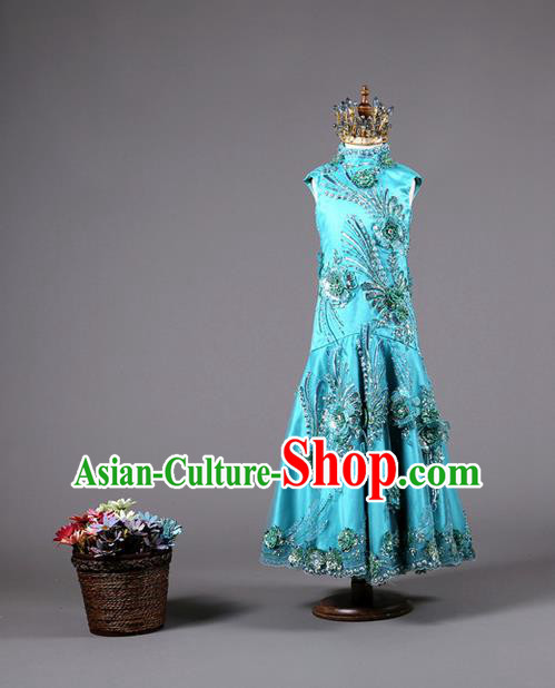 Top Grade Compere Professional Performance Catwalks Costume, China Tang Suit Blue Cheongsam Children Chorus Fishtail Full Dress Modern Dance Baby Princess Modern Fancywork Long Dress for Girls Kids