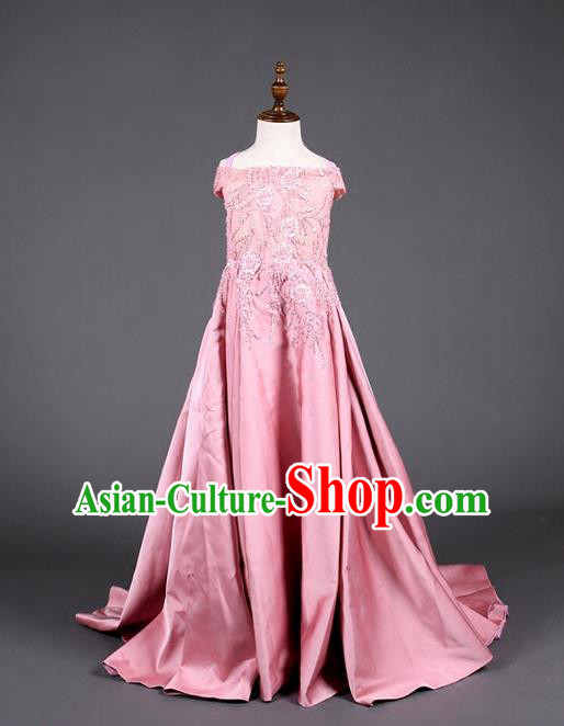 Top Grade Compere Professional Performance Catwalks Costume, Children Chorus Pink Full Dress Modern Dance Baby Princess Modern Fancywork Long Dress for Girls Kids