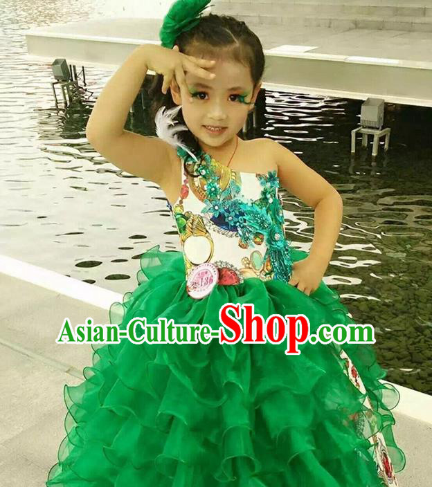 Top Grade Compere Professional Performance Catwalks Costume, Children Chorus Green Bubble Full Dress Modern Dance Baby Princess Modern Fancywork Short Dress for Girls Kids