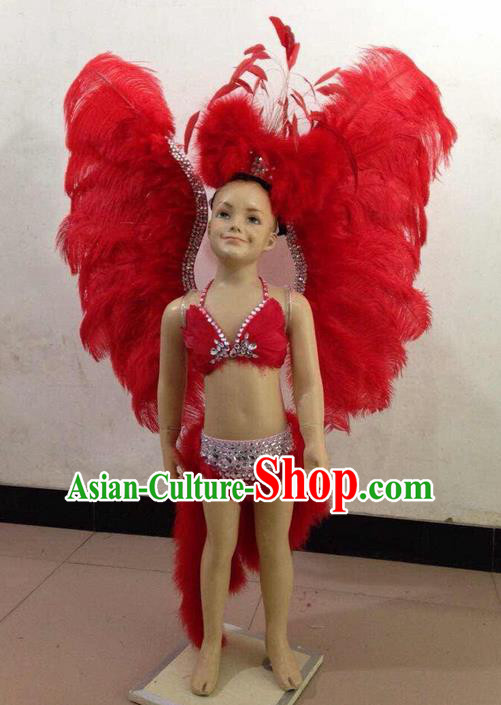 Top Grade Compere Professional Performance Catwalks Swimsuit Costume, Children Chorus Customize Red Feather Full Dress with Wings Modern Dance Baby Princess Modern Fancywork Long Trailing Clothing for Girls Kids