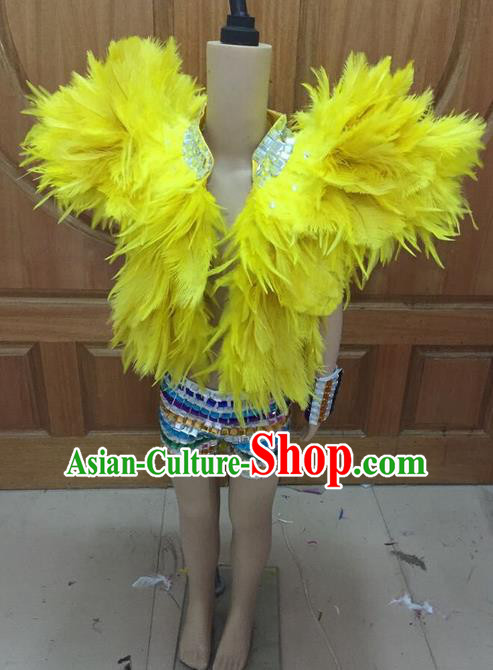 Top Grade Compere Professional Performance Catwalks Swimsuit Costume, Children Chorus Yellow Feather Formal Dress Modern Dance Modern Fancywork Clothing for Boys Kids