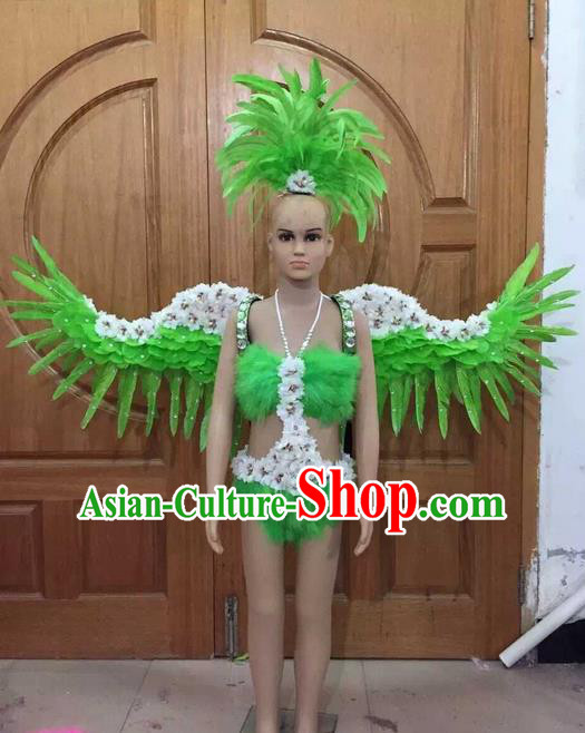 Top Grade Compere Professional Performance Catwalks Swimsuit Costume, Children Chorus Customize Green Bikini Full Dress With Wings Modern Dance Baby Princess Modern Fancywork Long Trailing Clothing for Girls Kids