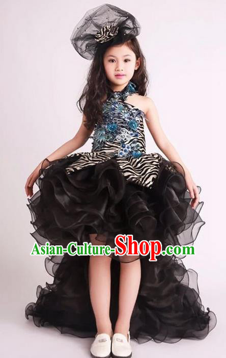 Top Grade Compere Professional Performance Catwalks Long Trailing Costume, Children Chorus Black Veil Full Dress Modern Dance Baby Princess Modern Fancywork Bubble Dress for Girls Kids