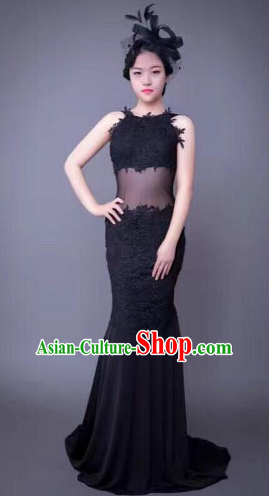 Top Grade Compere Professional Performance Catwalks Trailing Costume, Children Chorus Black Backless Fishtail Full Dress Modern Dance Baby Princess Modern Fancywork Mermaid Dress for Girls Kids