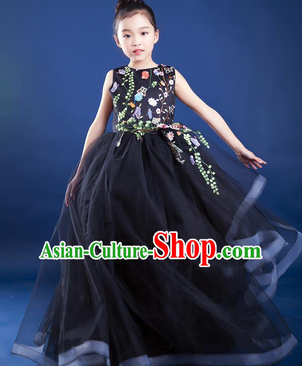 Top Grade Compere Professional Performance Catwalks Trailing Costume, Children Chorus Black Big Swing Veil Fishtail Full Dress Modern Dance Baby Princess Modern Fancywork Long Dress for Girls Kids