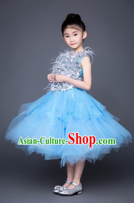 Top Grade Compere Professional Performance Catwalks Costume, Children Chorus Blue Bubble Veil Fishtail Full Dress Modern Dance Baby Princess Modern Fancywork Short Dress for Girls Kids