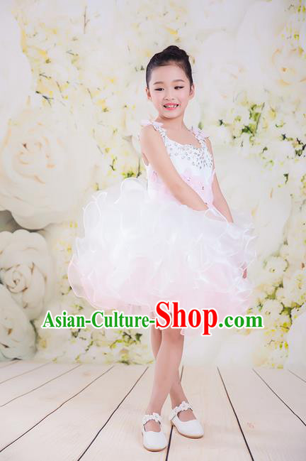 Top Grade Compere Professional Performance Catwalks Costume, Children Chorus White Veil Wedding Bubble Full Dress Modern Dance Baby Princess Modern Fancywork Short Ball Gown Dress for Girls Kids