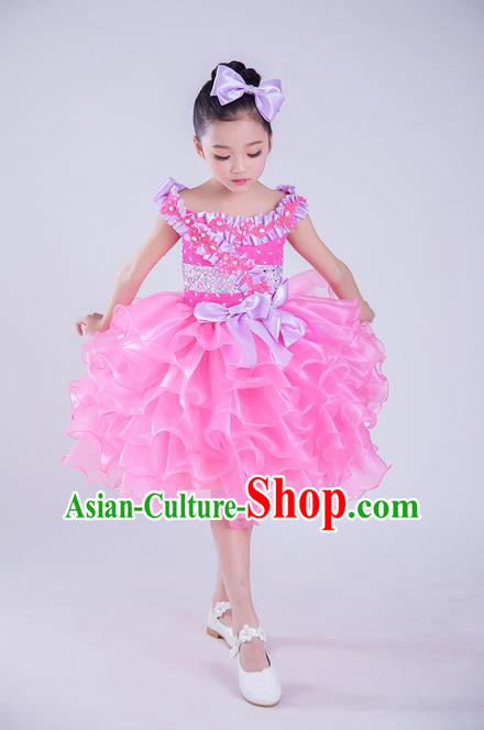 Top Grade Compere Professional Performance Catwalks Costume, Children Chorus Pink Veil Wedding Bubble Full Dress Modern Dance Baby Princess Modern Fancywork Short Ball Gown Dress for Girls Kids