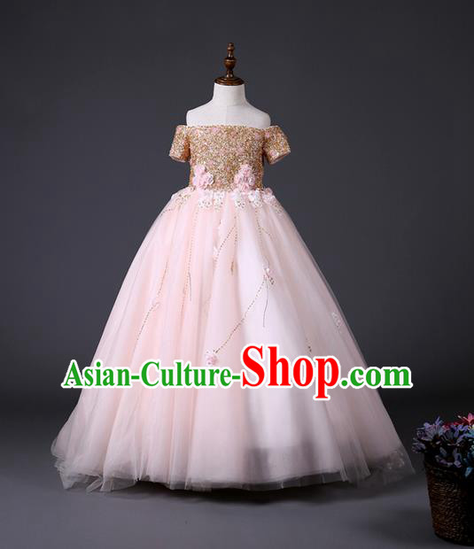 Top Grade Compere Professional Performance Catwalks Costume, Children Chorus Customize Pink Wedding Bubble Full Dress Modern Dance Baby Princess Modern Fancywork Long Dress for Girls Kids