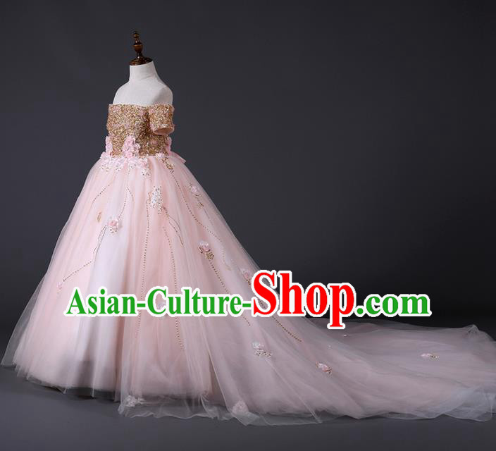 Top Grade Compere Professional Performance Catwalks Costume, Children Chorus Customize Pink Wedding Bubble Full Dress Modern Dance Baby Princess Modern Fancywork Long Trailing Dress for Girls Kids