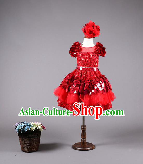 Top Grade Compere Professional Performance Catwalks Costume, Children Chorus Customize Red Paillette Bubble Full Dress Modern Dance Baby Princess Modern Fancywork Short Ball Gown Dress for Girls Kids