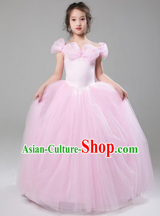 Top Grade Compere Professional Performance Catwalks Costume, Children Chorus Customize Pink Veil Cinderella Bubble Full Dress Modern Dance Baby Princess Modern Fancywork Long Ball Gown Dress for Girls Kids