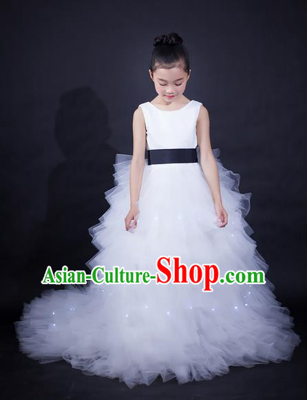 Top Grade Compere Professional Performance Catwalks Trailing Costume, Children Chorus White Wedding Bubble Veil Fishtail Full Dress Modern Dance Baby Princess Modern Fancywork Long Dress for Girls Kids