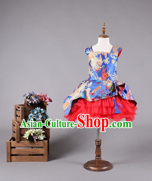 Top Grade Compere Professional Performance Catwalks Costume, China Style Tang Suit Dragon Children Chorus Customize Bubble Full Dress Modern Dance Baby Princess Modern Fancywork Short Ball Gown Dress for Girls Kids