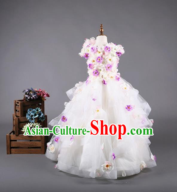 Top Grade Compere Professional Performance Catwalks Costume, Flower Faerie Children Chorus Customize White Bubble Full Dress Modern Dance Baby Princess Modern Fancywork Long Ball Gown Dress for Girls Kids