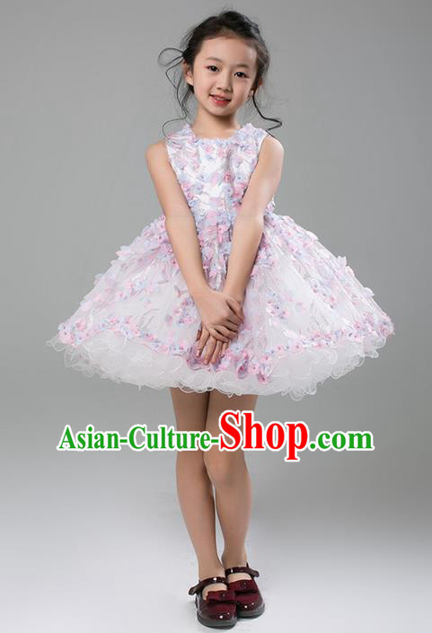 Top Grade Compere Professional Performance Catwalks Costume, Flower Faerie Children Chorus Customize White Bubble Full Dress Modern Dance Baby Princess Modern Fancywork Short Ball Gown Dress for Girls Kids