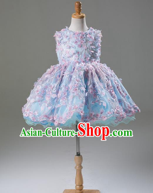 Top Grade Compere Professional Performance Catwalks Costume, Flower Faerie Children Chorus Customize Blue Bubble Full Dress Modern Dance Baby Princess Modern Fancywork Short Ball Gown Dress for Girls Kids