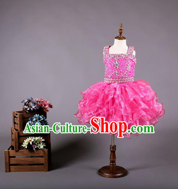 Top Grade Compere Professional Performance Catwalks Costume, Flower Faerie Children Chorus Customize Pink Bubble Full Dress Modern Dance Baby Princess Modern Fancywork Short Ball Gown Dress for Girls Kids