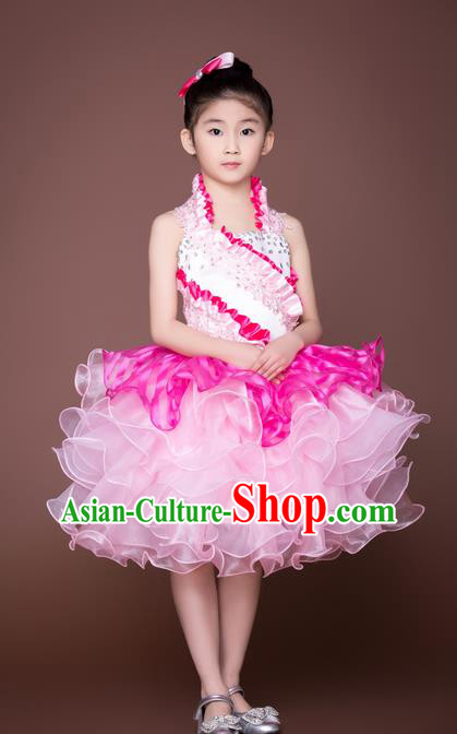 Top Grade Compere Professional Performance Catwalks Costume, Children Chorus Pink Wedding Bubble Veil Full Dress Modern Dance Baby Princess Modern Fancywork Short Dress for Girls Kids