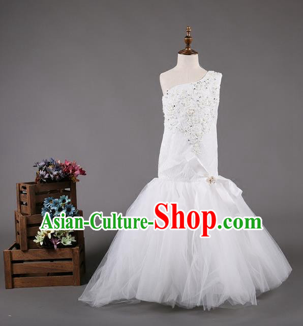 Top Grade Compere Professional Performance Catwalks Costume, Wedding White Veil Children Chorus Customize Fishtail Full Dress Modern Dance Baby Princess Modern Fancywork Mermaid Dress for Girls Kids