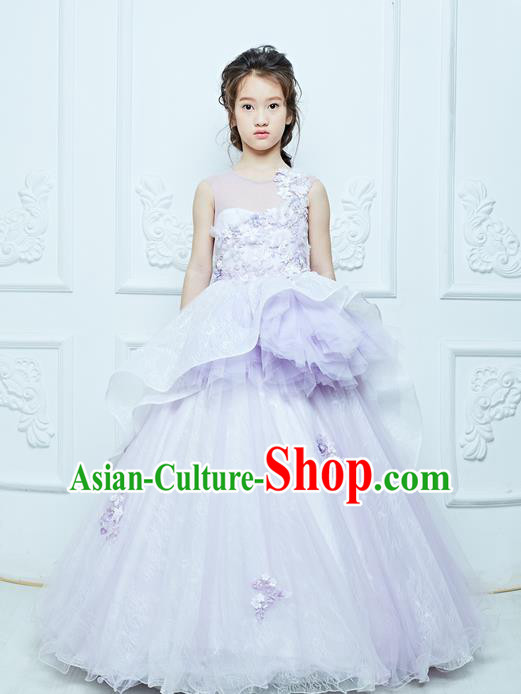 Top Grade Professional Compere Performance Catwalks Costume, Children Chorus Customize Light Purple Bubble Full Dress Modern Dance Baby Queen Modern Fancywork Long Ball Gown Dress for Girls Kids