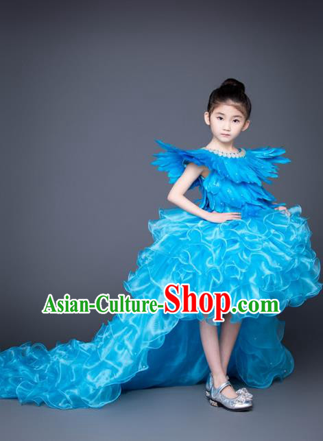 Top Grade Compere Professional Performance Catwalks Trailing Costume, Children Chorus Blue Feather Bubble Full Dress Modern Dance Baby Princess Modern Fancywork Short Dress for Girls Kids