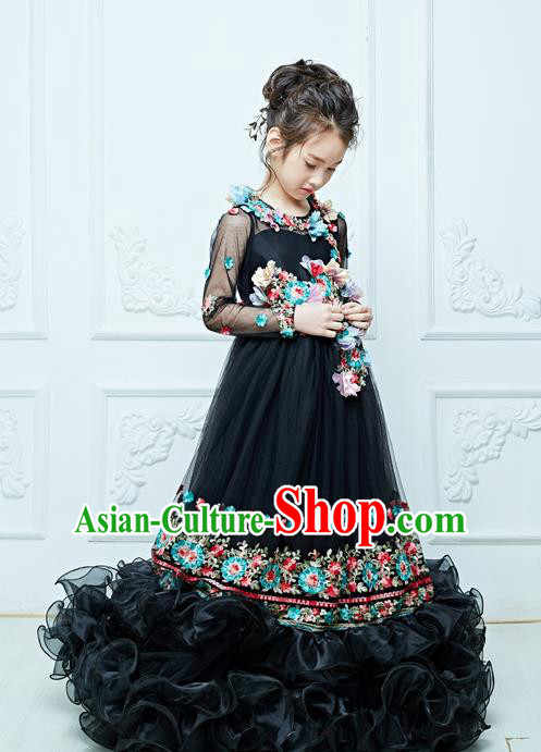 Top Grade Professional Compere Performance Catwalks Embroidery Costume, Children Chorus Customize Flower Fairy Wedding Black Veil Bubble Trailing Full Dress Modern Dance Baby Queen Modern Fancywork Long Ball Gown Dress for Girls Kids