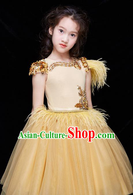 Top Grade Professional Compere Performance Catwalks Costume, Children Chorus Customize Wedding Veil Bubble Detachable Trailing Golden Full Dress Modern Dance Baby Princess Modern Fancywork Short Ball Gown Dress for Girls Kids