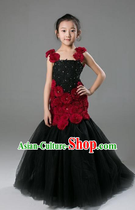 Top Grade Professional Compere Performance Catwalks Costume, Children Chorus Wedding Black Fishtail Full Dress Modern Dance Baby Princess Modern Fancywork Ball Gown Mermaid Dress for Girls Kids