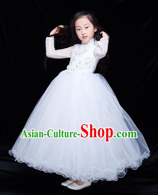 Top Grade Professional Compere Performance Catwalks Costume, Children Chorus Baby Princess Wedding White Veil Full Dress Modern Dance Modern Fancywork Ball Gown Dress for Girls Kids