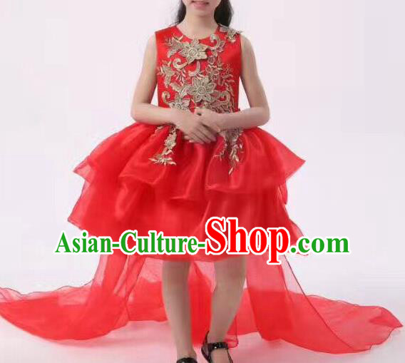 Top Grade Professional Performance Catwalks Compere Costume, Children Chorus Baby Princess Wedding Red Veil Full Dress Modern Dance Modern Fancywork Trailing Dress for Girls Kids