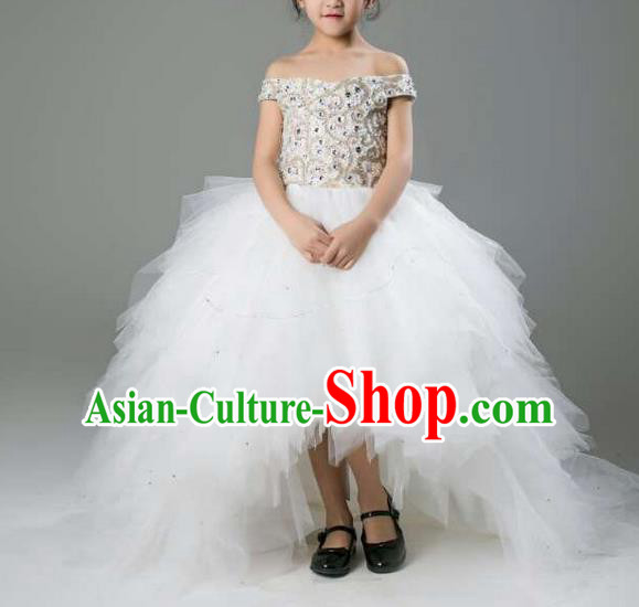 Top Grade Professional Performance Catwalks Compere Led Lights Costume, Children Chorus Baby Princess Flat Shouders Wedding Veil Full Dress Modern Dance Modern Fancywork Trailing Dress for Girls Kids