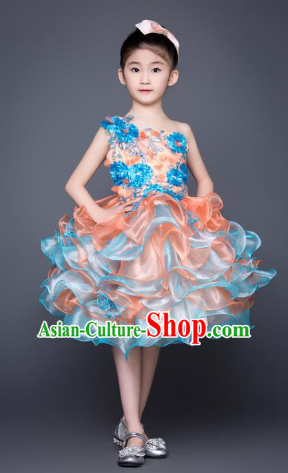 Top Grade Compere Professional Performance Catwalks Costume, Children Chorus Blue Feather Bubble Full Dress Modern Dance Baby Princess Modern Fancywork Short Dress for Girls Kids