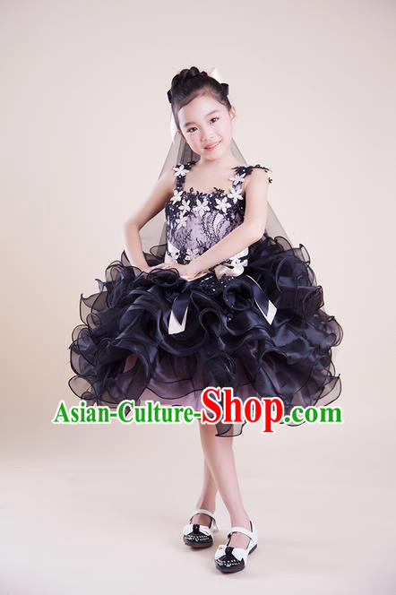 Top Grade Compere Professional Performance Catwalks Costume, Children Chorus Black Bubble Full Dress Modern Dance Baby Princess Modern Fancywork Short Dress for Girls Kids