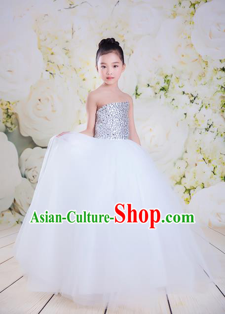 Top Grade Compere Professional Performance Catwalks Costume, Children Chorus White Veil Wedding Bubble Full Dress Modern Dance Baby Princess Modern Fancywork Long Ball Gown Dress for Girls Kids