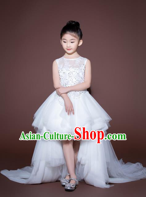 Top Grade Compere Professional Performance Catwalks Swimsuit Costume, Children Chorus Customize White Wedding Veil Full Dress Modern Dance Baby Princess Modern Fancywork Long Trailing Clothing for Girls Kids