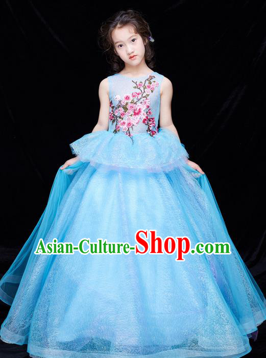 Top Grade Compere Professional Performance Catwalks Swimsuit Costume, Children Chorus Flower Faerie Customize Blue Wedding Veil Full Dress Modern Dance Baby Princess Modern Fancywork Long Trailing Clothing for Girls Kids