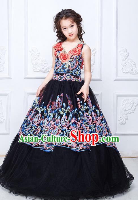 Top Grade Compere Professional Performance Catwalks Swimsuit Costume, Children Chorus Flower Faerie Customize Black Wedding Veil Bubble Full Dress Modern Dance Baby Princess Modern Fancywork Long Trailing Clothing for Girls Kids