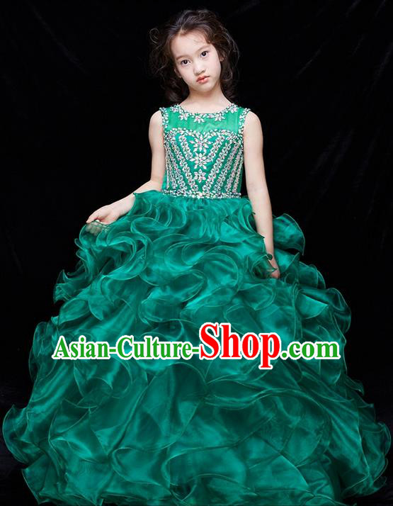 Top Grade Compere Professional Performance Catwalks Swimsuit Costume, Children Chorus Flower Faerie Customize Green Wedding Veil Bubble Full Dress Modern Dance Baby Princess Modern Fancywork Long Dress for Girls Kids