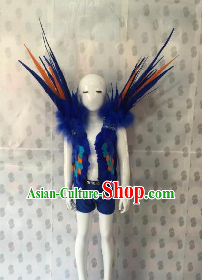 Top Grade Compere Professional Performance Catwalks Swimsuit Costume, Children Chorus Blue Feather Formal Dress Modern Dance Modern Fancywork Clothing for Boys Kids