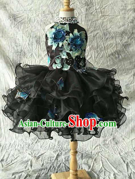 Top Grade Compere Professional Performance Catwalks Customize Costume, Children Chorus Black Bubble Full Dress Modern Dance Modern Fancywork Little Princess Short Ball Gown for Girls Kids