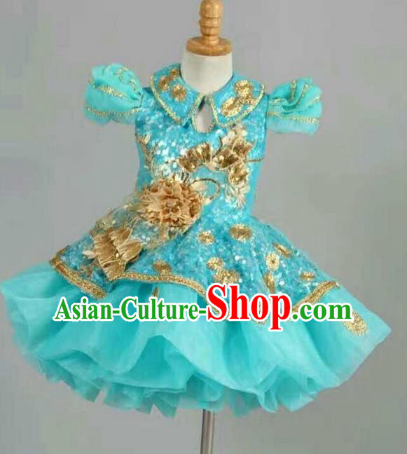 Top Grade Professional Compere Performance Catwalks Customize Costume, Children Chorus Blue Full Dress Modern Dance Modern Fancywork Little Princess Short Ball Gown for Girls Kids