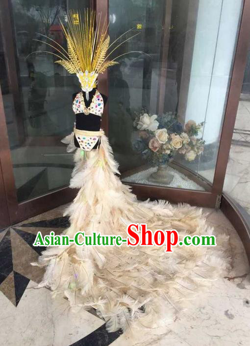 Top Grade Compere Professional Performance Catwalks Swimsuit Bikini Costume, Children Chorus Customize Feather Full Dress Modern Dance Baby Princess Modern Fancywork Long Trailing Clothing for Girls Kids