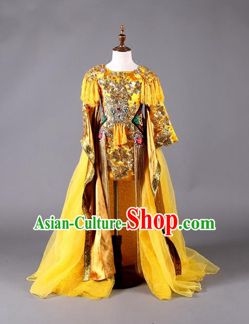 Top Grade Professional Compere Performance Catwalks Customize Costume, China Style Tang Suit Children Chorus Golden Full Dress Modern Dance Modern Fancywork Little Princess Long Trailing Clothing for Girls Kids