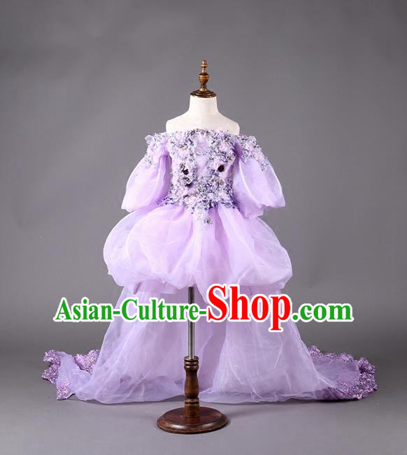 Top Grade Professional Compere Performance Catwalks Customize Costume, Children Chorus Purple Full Dress Modern Dance Modern Fancywork Little Princess Long Trailing Ball Gown for Girls Kids