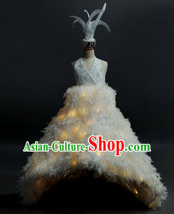 Top Grade Professional Compere Performance Catwalks Customize Feather Costume, Children Chorus Beige Full Dress Modern Dance Modern Fancywork Little Princess Long Trailing Ball Gown for Girls Kids