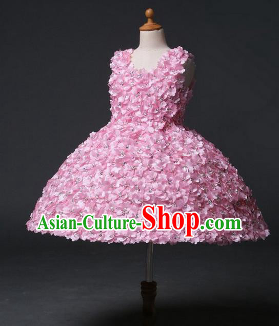 Top Grade Professional Compere Performance Catwalks Customize Costume, Children Chorus Pink Bubble Full Dress Modern Dance Modern Fancywork Little Princess Short Ball Gown for Girls Kids