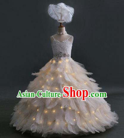 Top Grade Professional Compere Performance Catwalks Customize Feather Costume, Children Chorus Bubble Full Dress Modern Dance Modern Fancywork Little Princess Long Ball Gown for Girls Kids