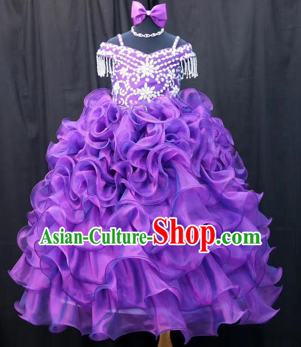 Top Grade Professional Compere Performance Catwalks Customize Feather Costume, Children Chorus Purple Bubble Full Dress Modern Dance Modern Fancywork Little Princess Long Ball Gown for Girls Kids