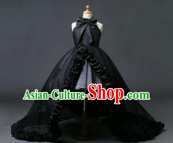 Top Grade Professional Compere Performance Catwalks Customize Feather Costume, Children Chorus Black Bubble Full Dress Modern Dance Modern Fancywork Little Princess Long Trailing Ball Gown for Girls Kids